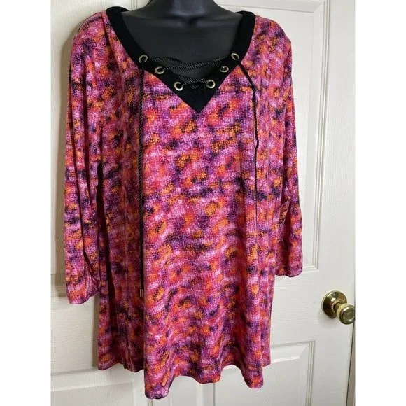 August Silk Top Womens Size XL Long Sleeve Purple Pink Coral Black Stretch Rayon - Picture 4 of 9